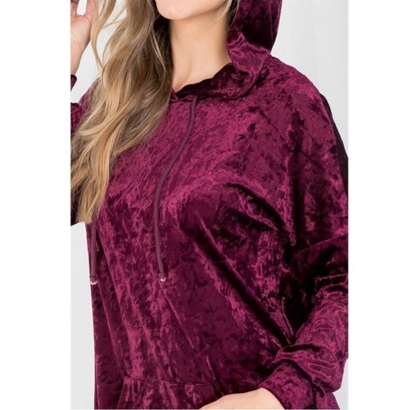 New! Velvet Soft Burgundy Plum Hoodie Kangaroo Pocket Pullover Sweater Top - Picture 5 of 9